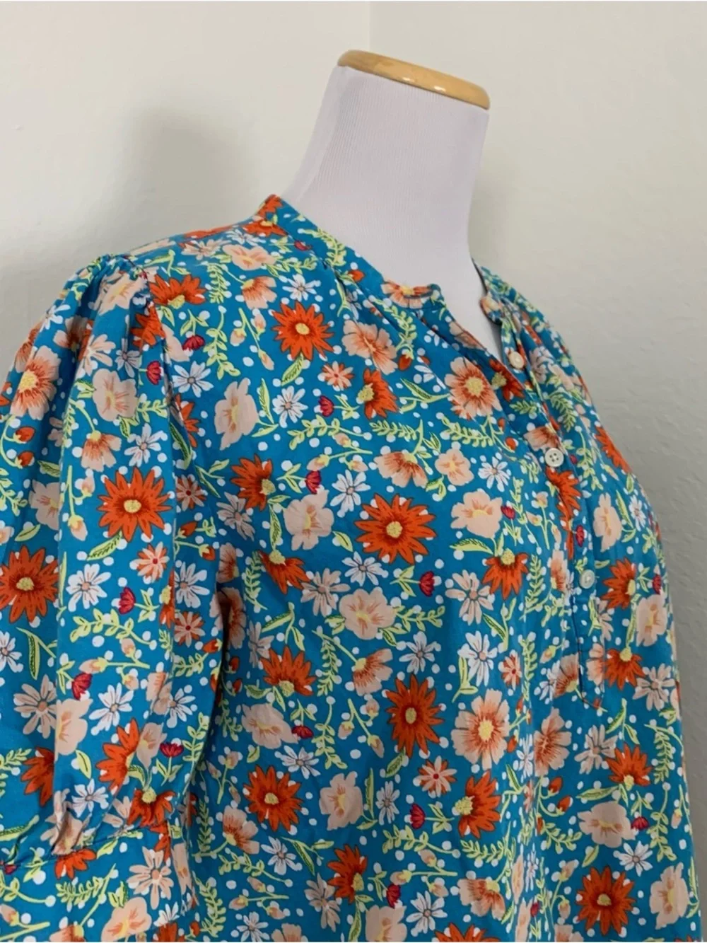 Loft Outlet Floral Puff Sleeve Top Womens M V Neck Button Popover Cotton